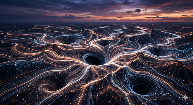 A luminous data landscape with flowing lines of light converging on multiple dark voids, seen from above at twilight. The terrain reads as information, not cosmos.