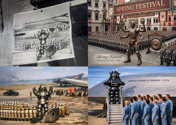 Source image, two representative failures, and the corrected result. Top left: source. Top right: Gemini -- Spring Festival 1938. Bottom left: ChatGPT -- Imperial Japan. Bottom right: ChatGPT with full movie context -- the only correct result.