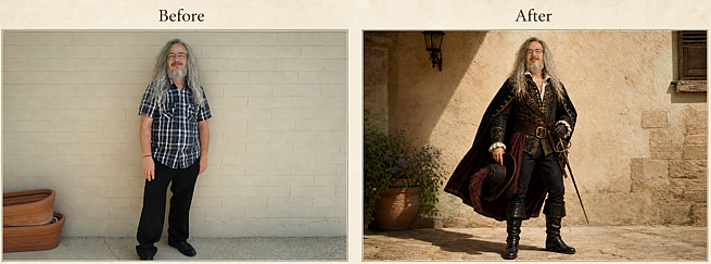 Before and after: a casual snapshot of a man leaning against a wall in a plaid shirt, reimagined as a Renaissance swashbuckler. Same pose, same wall, same lean.