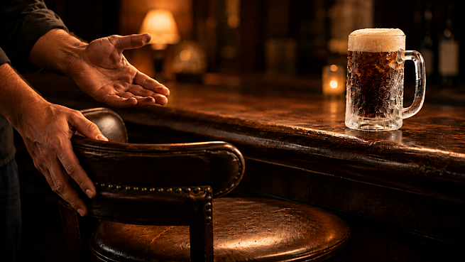 A warm bar scene: a hand gestures toward an empty leather barstool, a frosted mug of root beer waiting on the polished wood counter beside it.