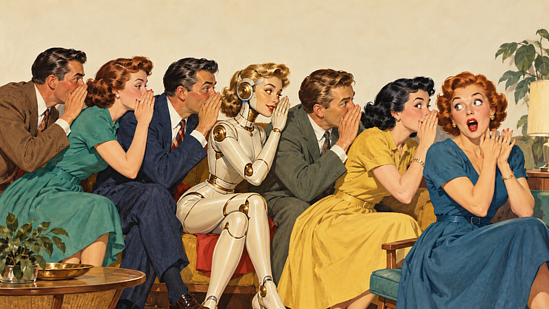 1950s-style illustration of people sitting on a couch playing telephone, with a white robot with gold joints and blonde hair sitting in the middle, whispering to the next person.