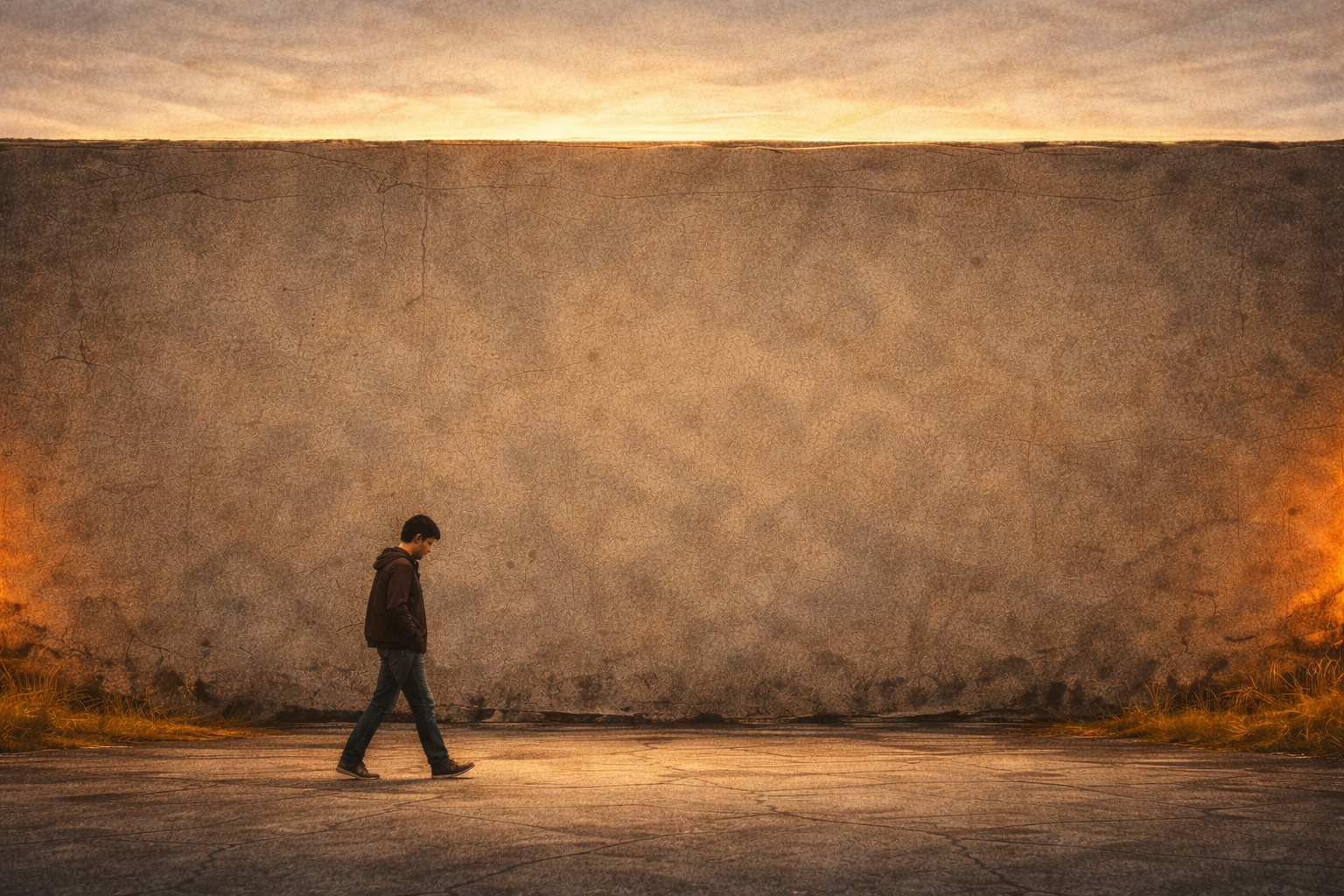 A solitary figure walks past an enormous featureless concrete wall at sunset. There is no door. The wall stretches beyond the edges of the frame.