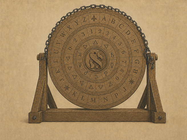 A wooden cipher wheel with concentric rings of letters, numbers, and alchemical symbols, mounted on a wooden stand with a chain draped across the top.