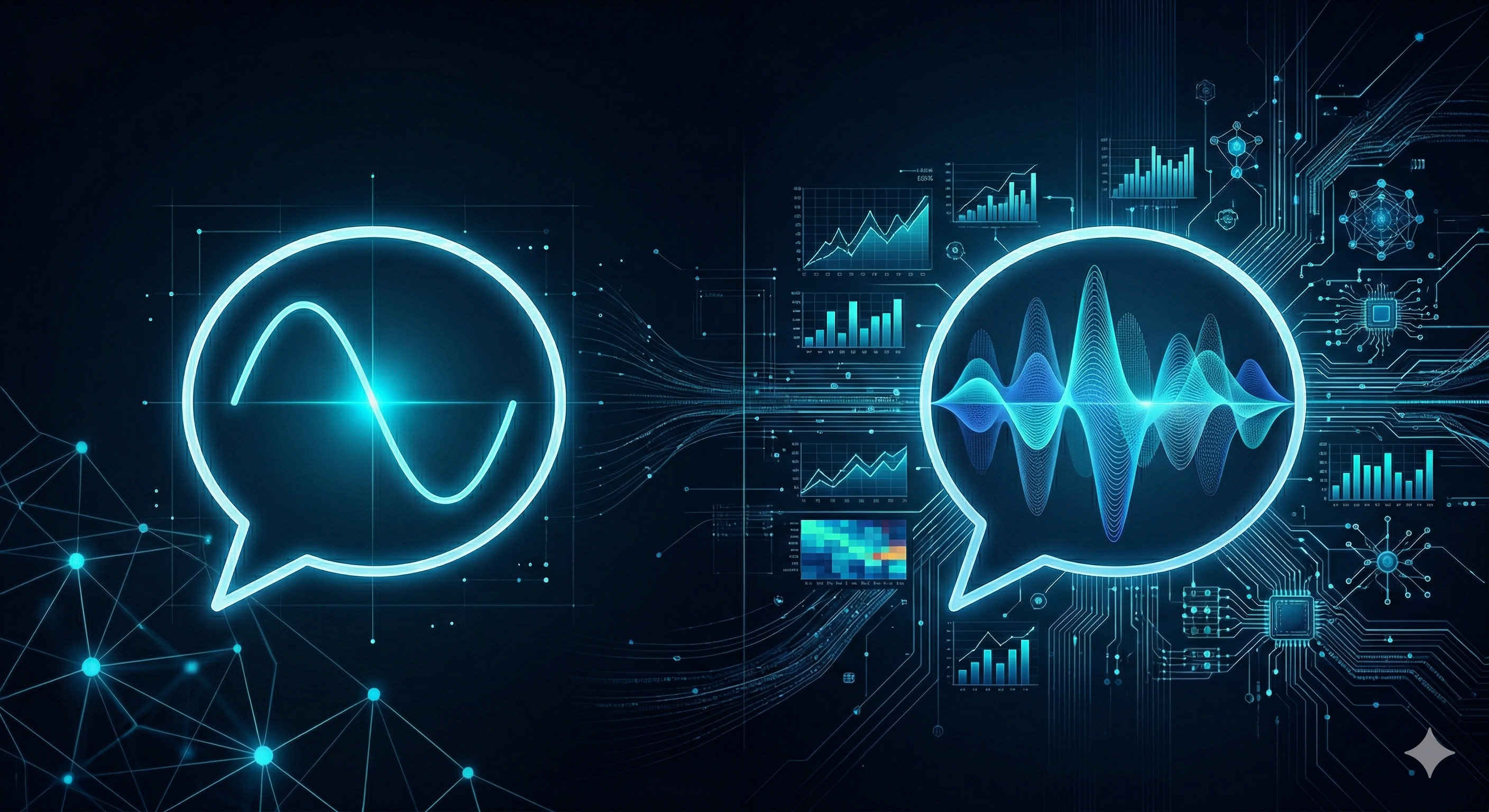 Two speech bubbles over a circuit board background, one containing a simple waveform and the other a complex multi-layered waveform, representing the difference between basic and contextually rich prompts.