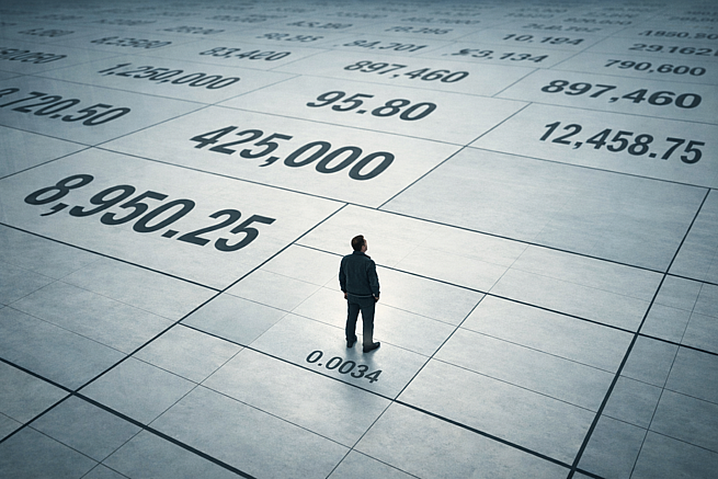 A solitary figure in a business suit stands on a vast spreadsheet floor, surrounded by towering numbers. The figure's shadow reads 0.0034.