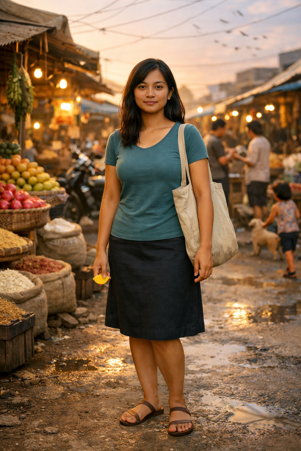ChatGPT rendering of statistically average woman in an open-air market at golden hour