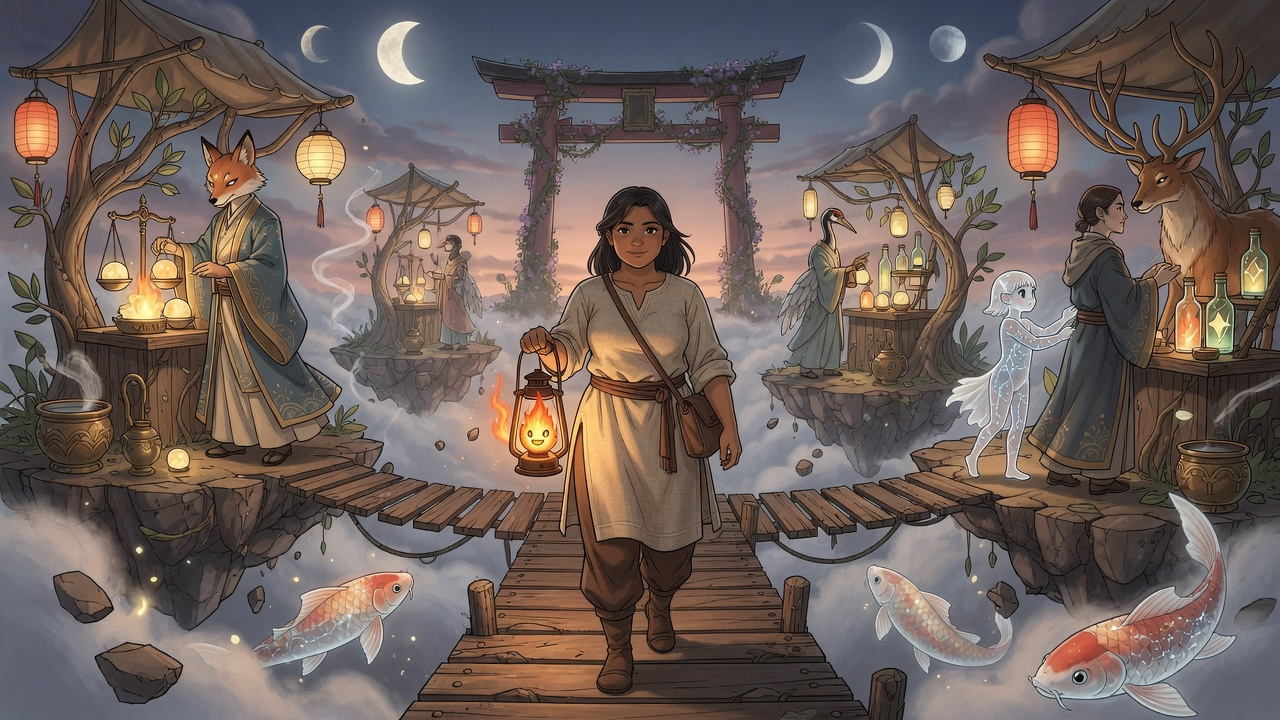 Grok anime rendering of average woman in a floating spirit market, maintaining brown skin tone