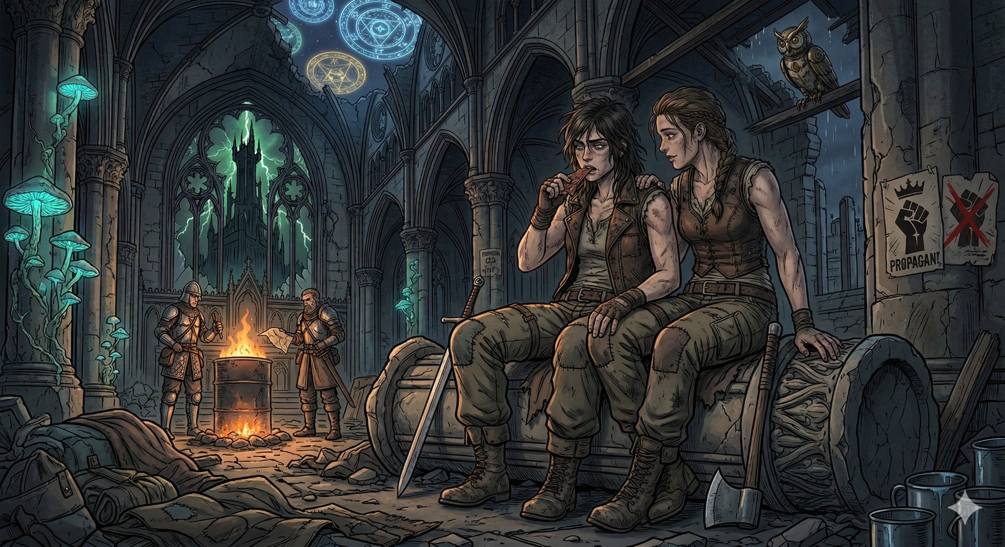 Gemini rendering of two women in anime style in a ruined gothic cathedral, sitting side by side as equals