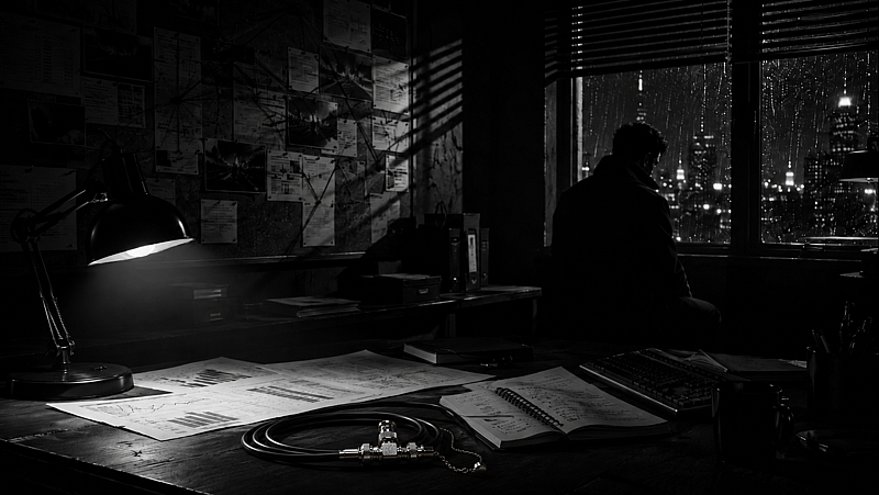 A detective's desk: case board, desk lamp, coaxial cable, and a city in the rain.